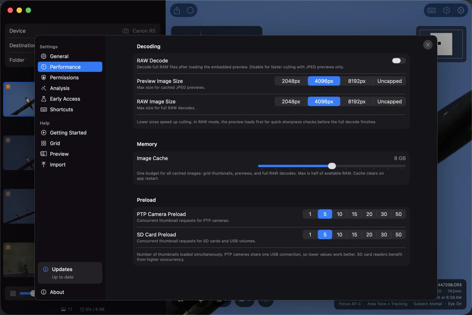 The performance settings tab