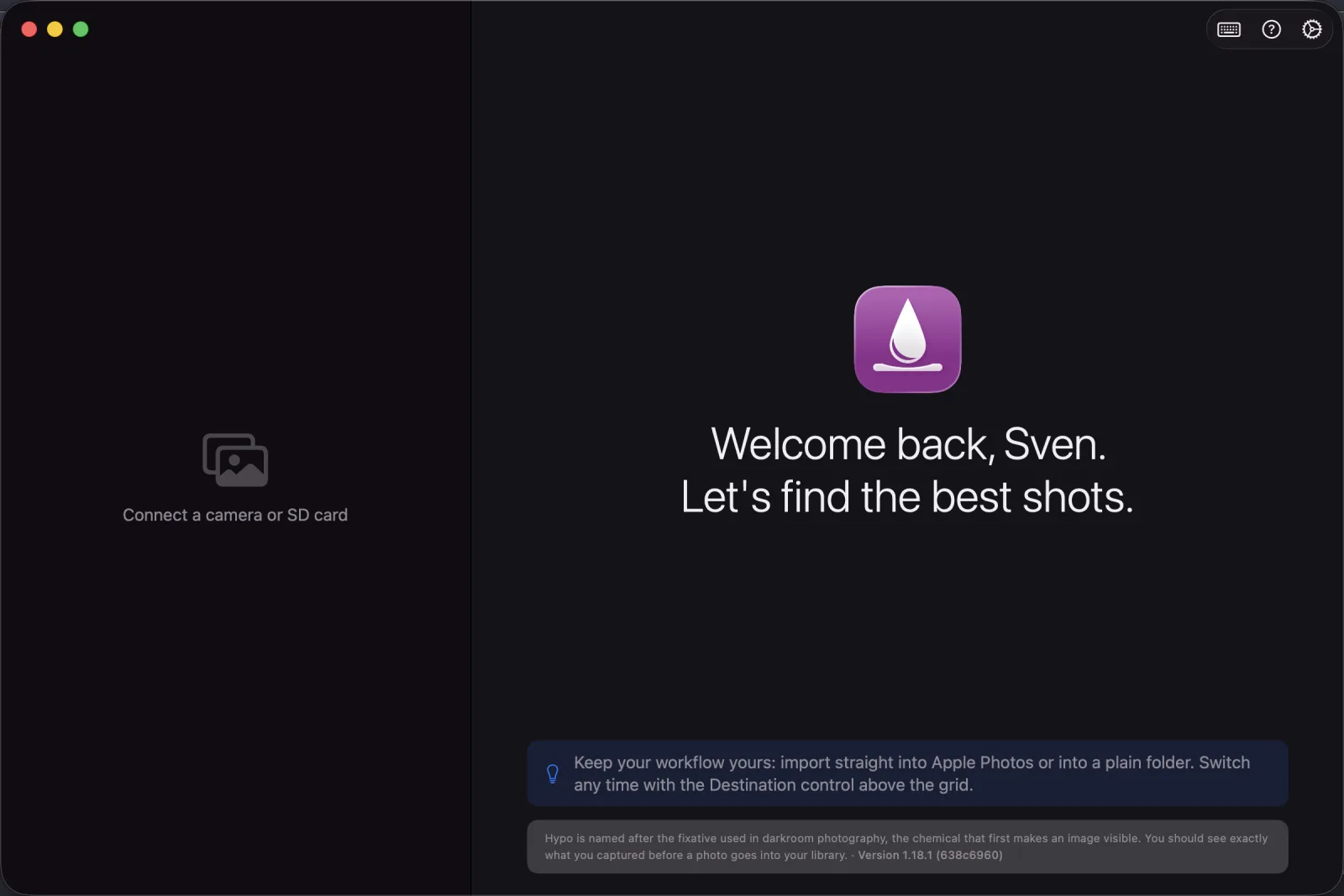 The welcome screen shown before a card or camera is connected